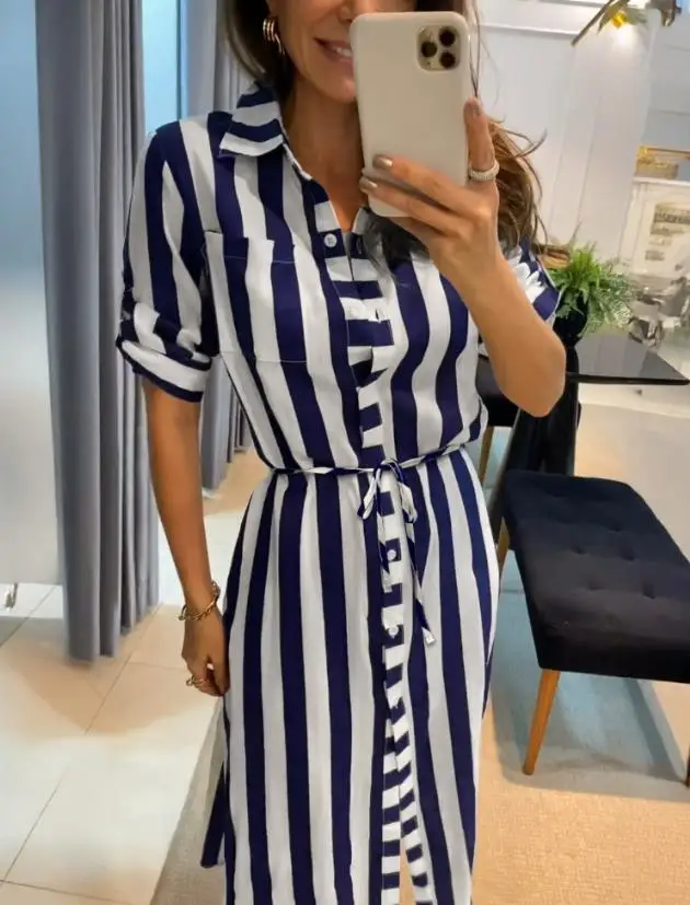 Womens Dresses 2025 Summer New Fashion Striped Turn-Down Collar Short Sleeve Casual Slit Lace Up Daily Blouse Dress