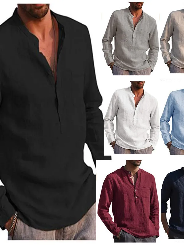 

Loose Long Sve Pure Color irt V-ne Daily Wear Comfortable Fit Men's Faion Basic Sle Summer irt Stand Collar