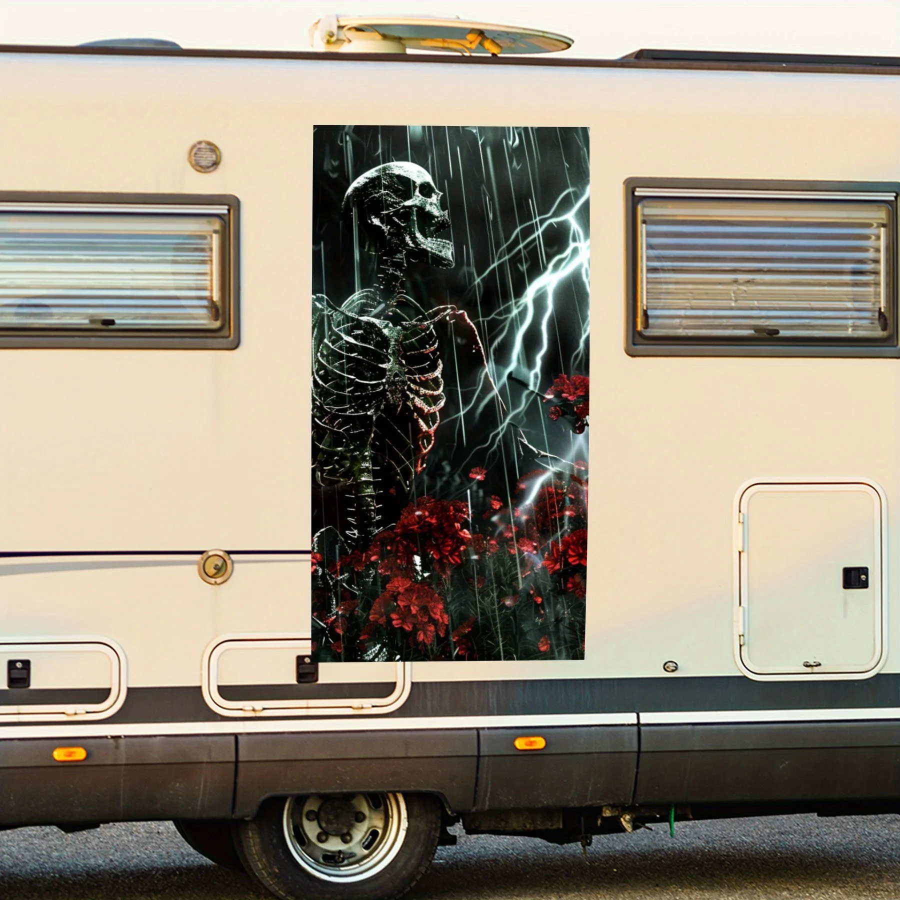 

Thunder Skull in Rain,Motorhome Car Door Sticker PVC Self Waterproof Stick, Striking Auto Exterior Accessories Decor Protect Gif