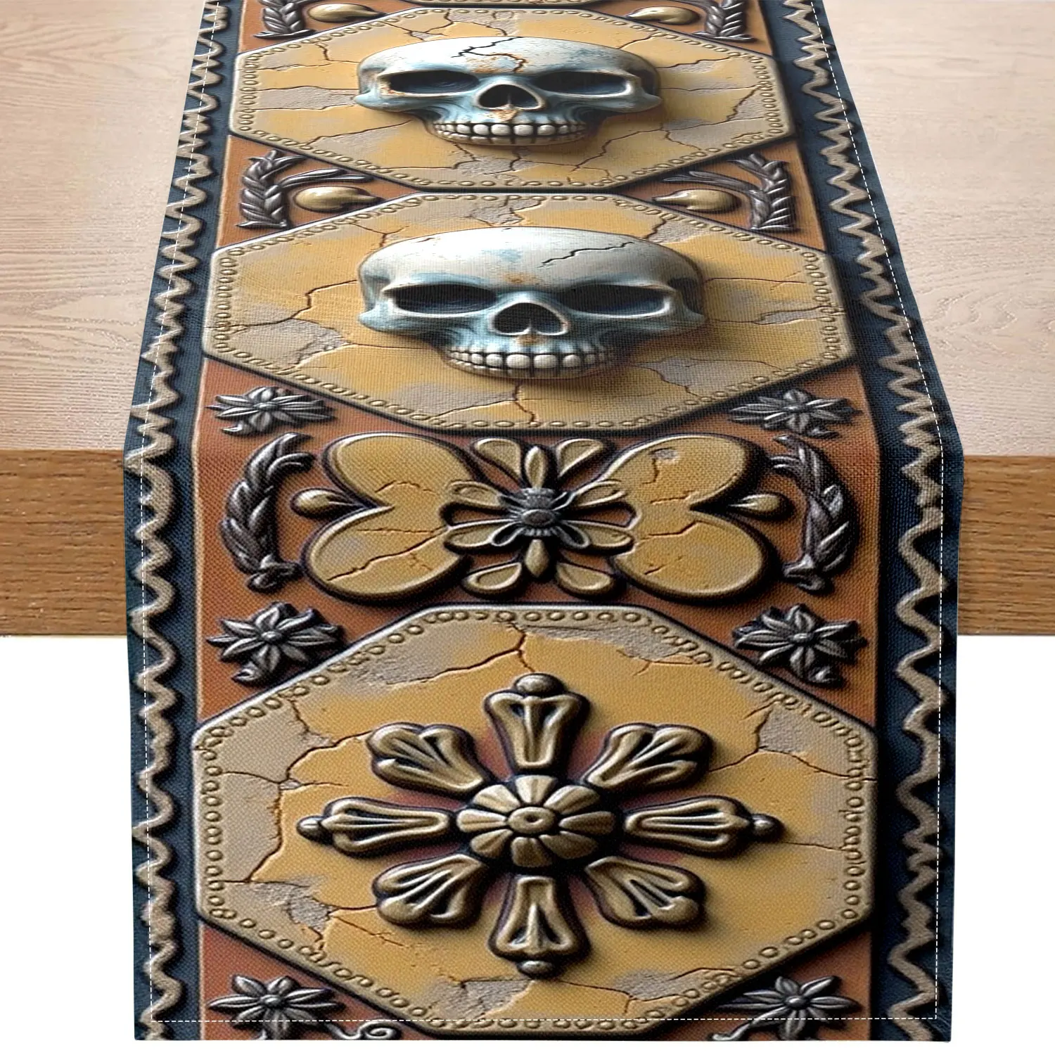 

1 Piece of Vintage Embossed Skull Pattern Table Runner, with a Yellow-Brown Background Featuring Three-Dimensional Cracked Skulls and Carved Patterns, Suitable for Gothic-Style Restaurants, Fantasy-Themed Parties, Art Studios, Dark-Themed Guesthouses, Cul