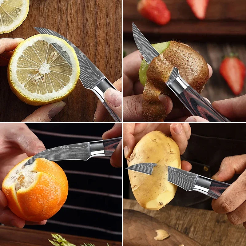 Kitchen Fruit Paring Knife Damascus Fruit Knife Carving Knife for Household Fruit Slicing Knife Utility Knife Wooden Handle