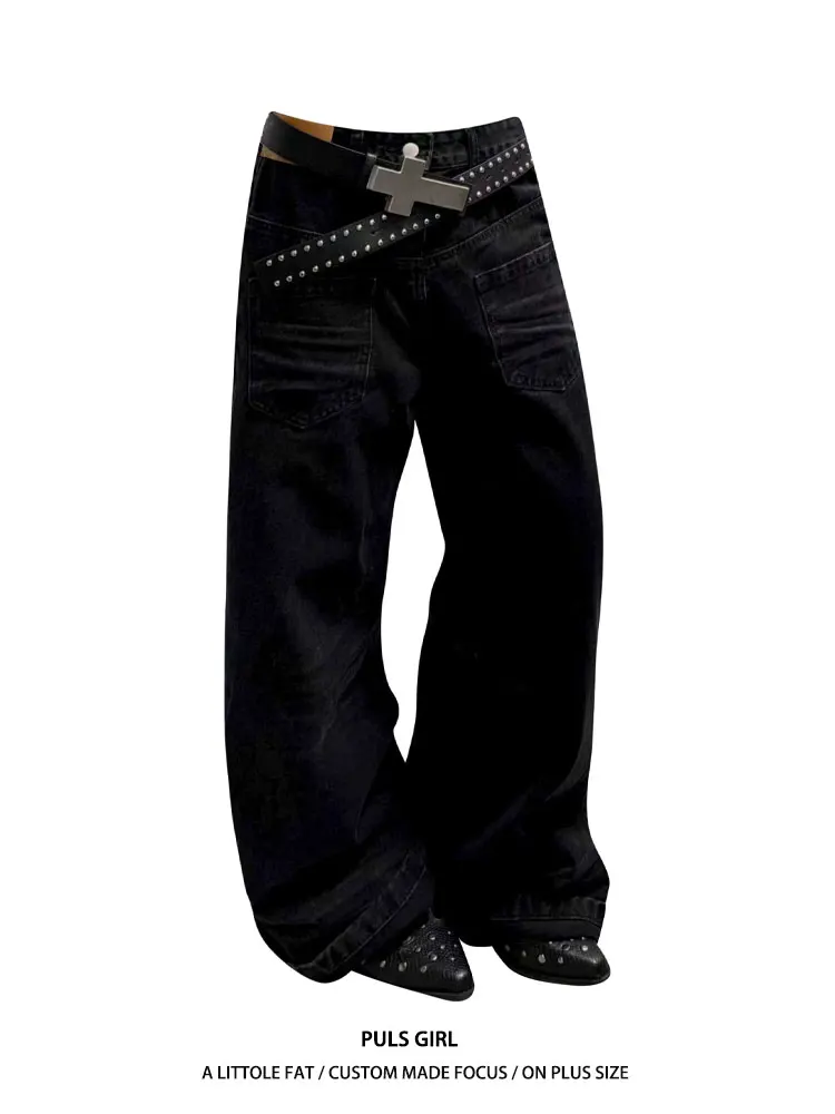 

American Style Oversized Vintage Washed Denim Jeans Women's Loose Slim Wide Leg Pants High Waist Casual High Street Fashion