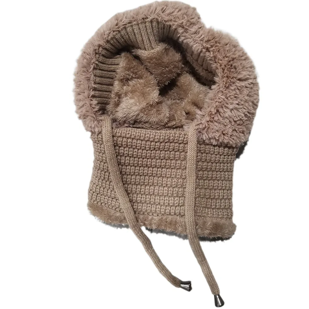 

Fashion Multi functional Balaclavas Hat With Ties Solid Color Knitted Beanies Hat Hood Keep Warm Mask Neck Cover Set Female