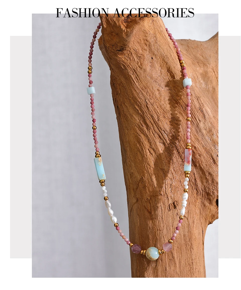 Yhpup Naturstein Süßwasser perlen Rhodochrosit Perlen Kette trend ige handgemachte Halskette goldenen Sommer Edelstahl Schmuck – Detail 3