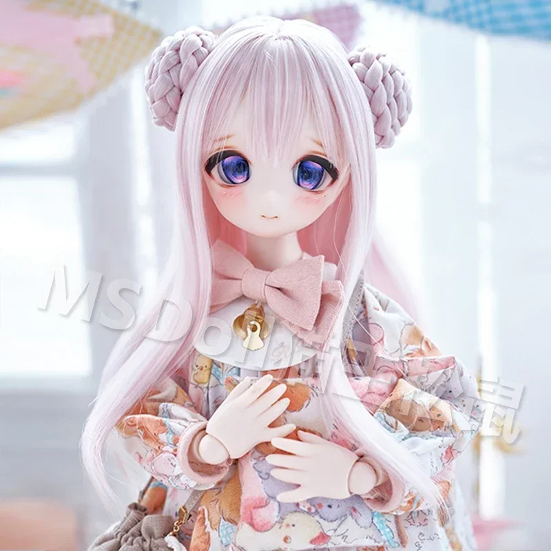 Franja fina cabelo longo encaracolado com pães duplos boneca peruca bonito 1/3 1/4 mdd bjd peruca material de seda de alta temperatura acessórios de boneca