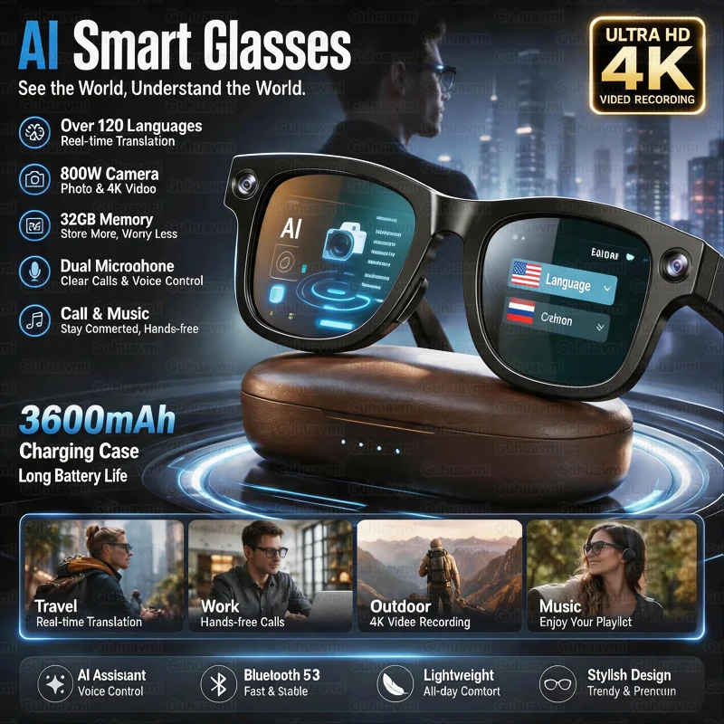 새로운 4K 스마트 안경 8MP HD 카메라 3600mAh 보조 배터리 120개 이상의 언어 번역 AI 어시스턴트 통화 음악 IPX6 방수 선글라스