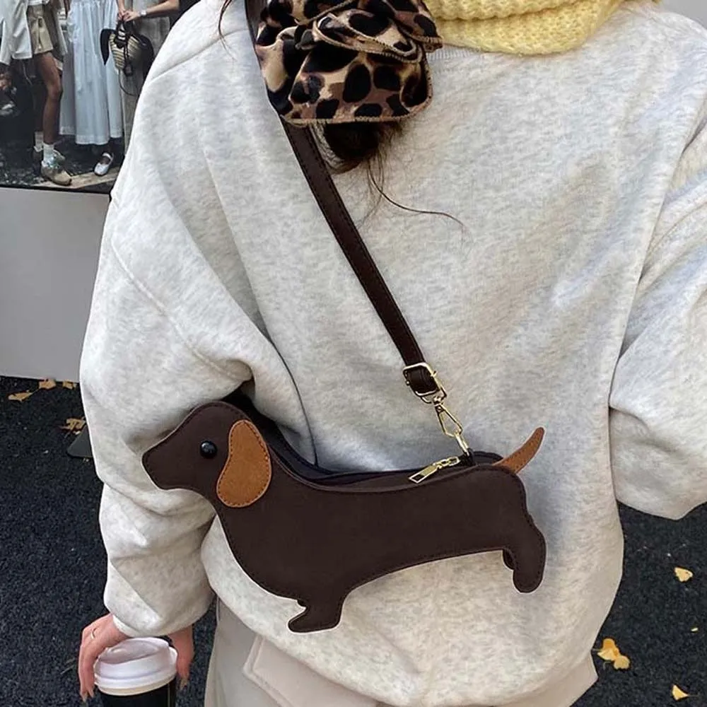 Kawaii Dachshund Crossbody Bag Large Capacity Three-dimensional Dog PU Shoulder Pouch Lightweight Korean Style Retro Phone Bag