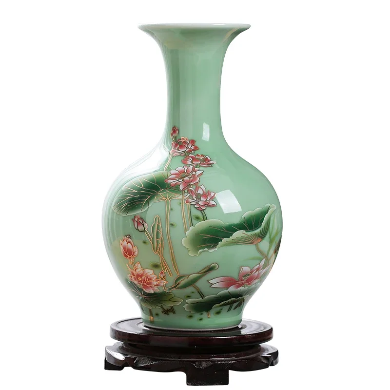 Jingdezhen Porcelain Vase ornament, living room flower arrangement, dry flower, antique lotus pattern, Celadon Glaze vases