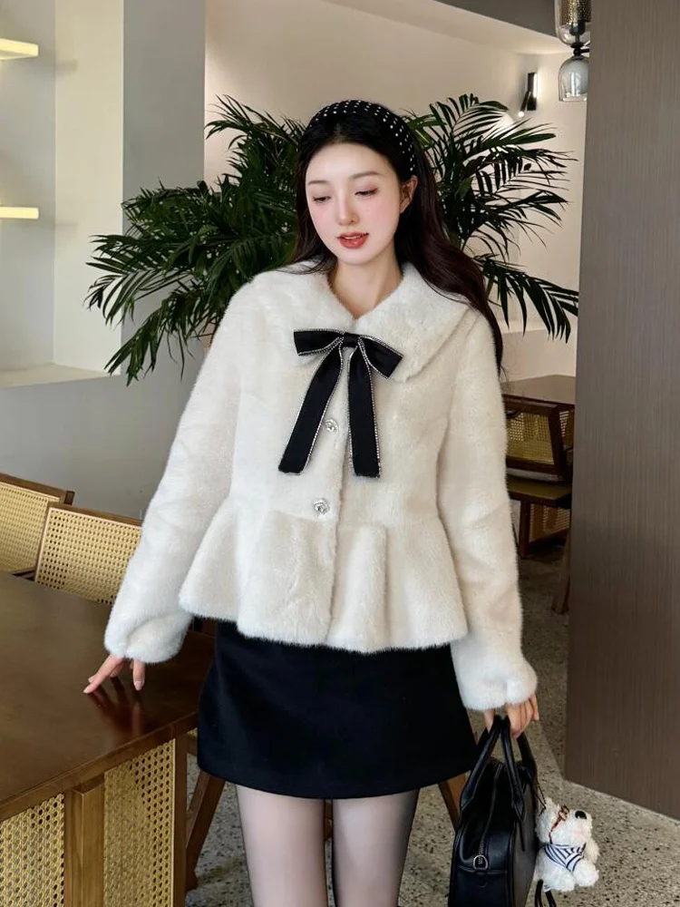 

Sweet Ele ort Fur Coat with Bow Collar Versatile Agel Knot High Waist Design for Ladies Resistant to Defor...