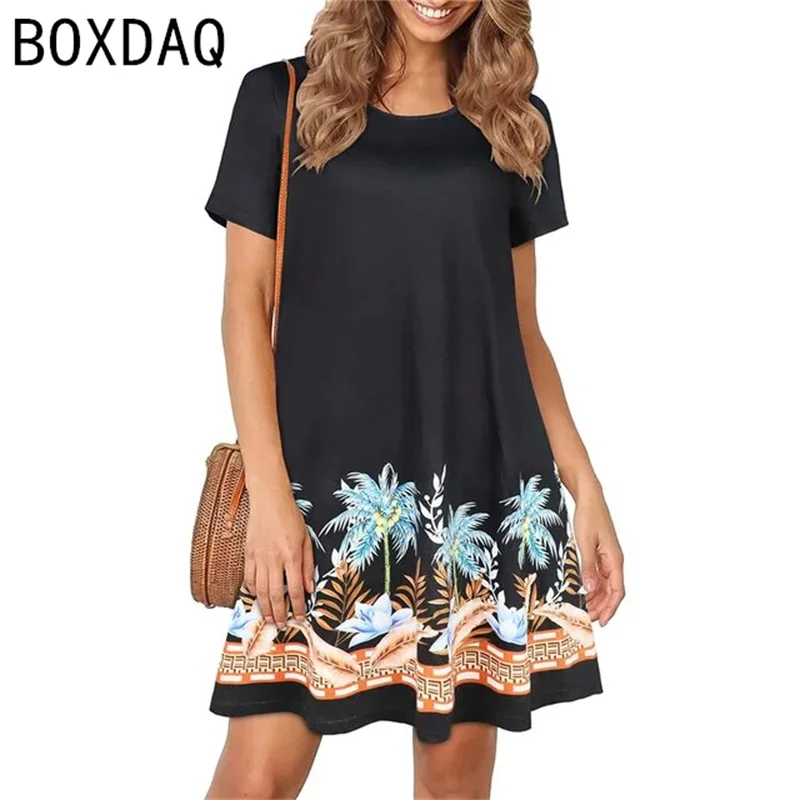 

Big Size Women Vintage Floral A-Line Dress Summer Short Sleeve O-neck Casual Dress Femael Women's Seaside Vacation Dress