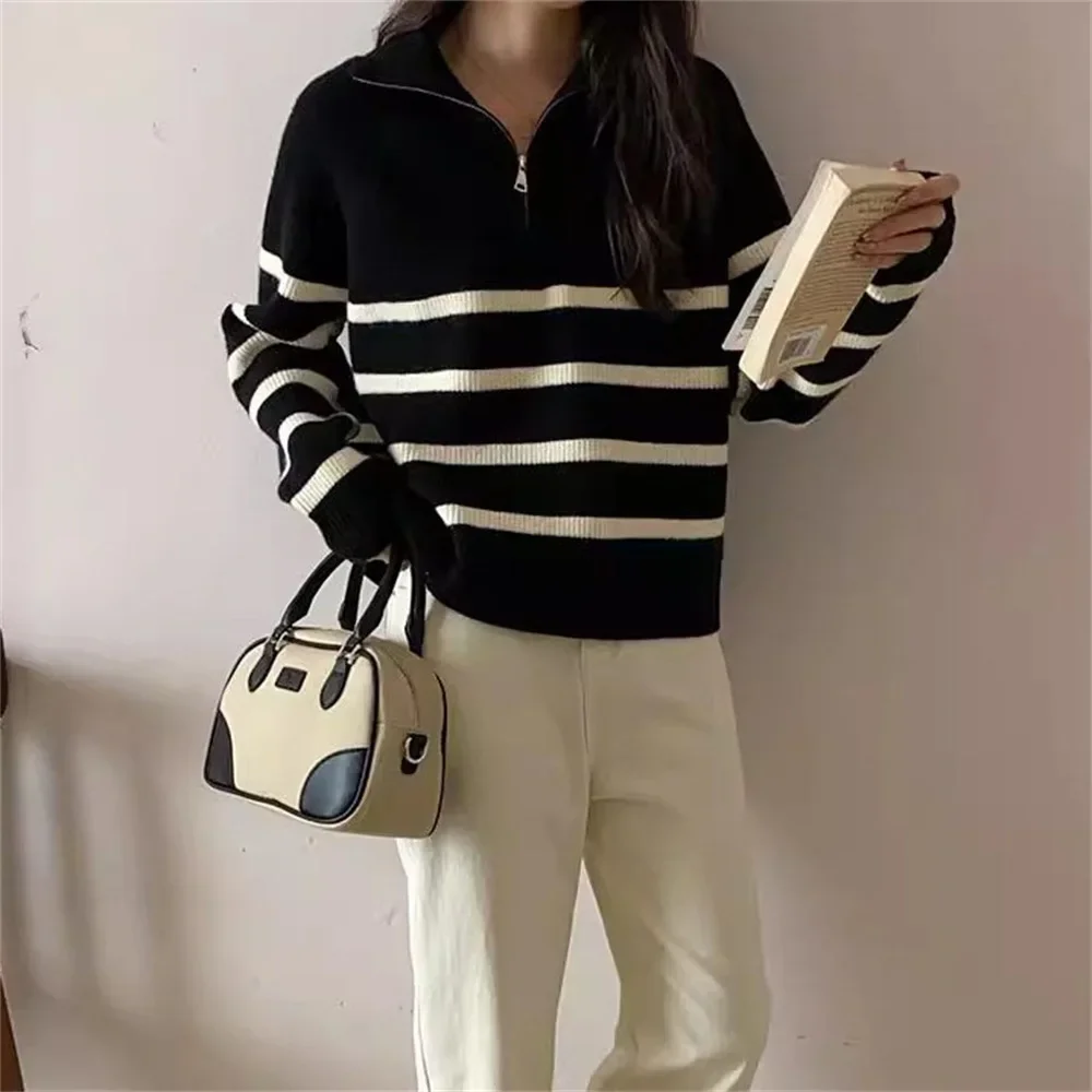 Striped Knitting Jumper Women Clothing Turn Down Collar Long Sleeve Pullovers Zippers Spliced Sweaters Loose Fit Steetwear