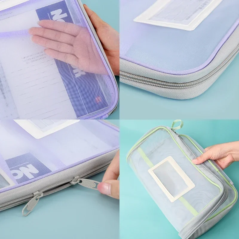 Borsa portaoggetti per cancelleria A4 Borsa con cerniera in rete a doppio strato Cartelle organizer di grande capacità Borsa per cancelleria per