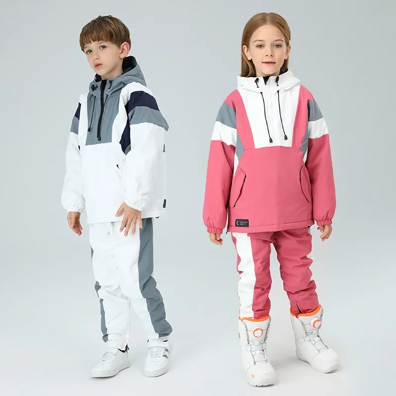 2024 Winter Boys Girls Skiing Set Outdoor Warm Windproof Waterproof Children Hoodie Jacket Pants Ski Suit Kids Snowboarding