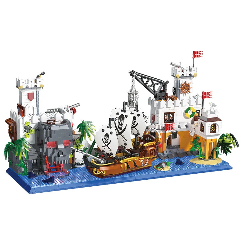 

Creative Architecture Street View Mini Block Skull Island Pirate Ship Bay Port Architecture Build Brick Figures Toy Collection