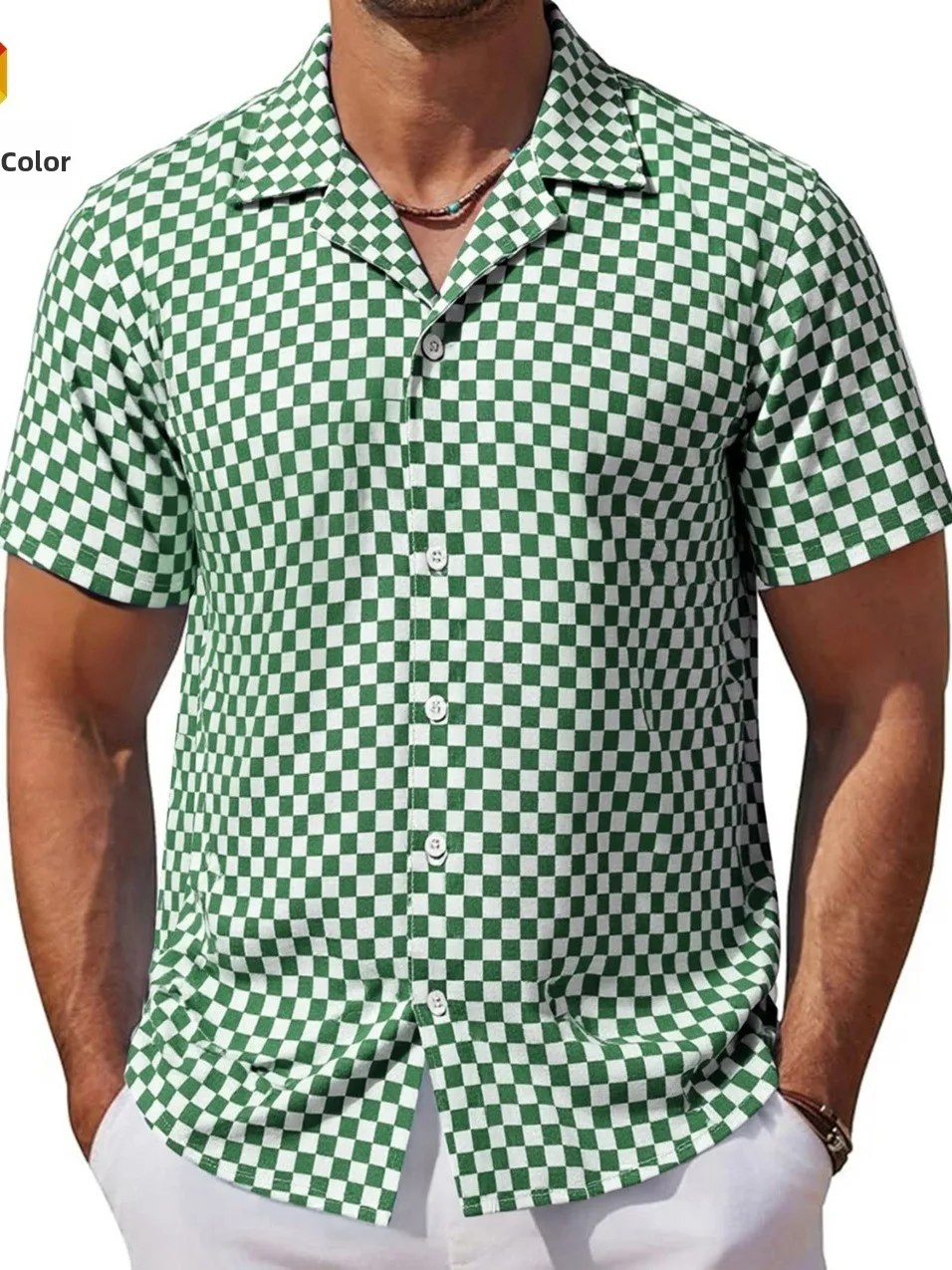 

Men's Classic American Style Shirt 2026 Summer Slim Fit Polyester Fabric Cuba Collar Short Sleeve Plaid Pattern Button up Casual