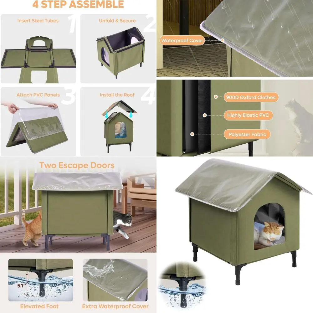 

Large Weatherproof Elevated Cat House, 23 Waterproof Outdoor Shelter with Soft Pad, Extra Roof Cover, Easy Assembly for Barn or