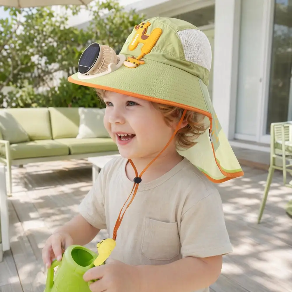 Baby Sun Hat with Fan Kids Sun Cap with Built-in Solar Fan Wide Brim Sun Protection Hat Breathable Mesh Summer Hat with Cartoon