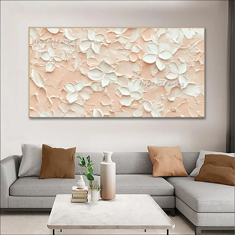 Cream Pink Abstract Blossom Oil Painting Three-Dimensional Texture Canvas Wall Art Handmade Contemporary Botanical Wall Artwork