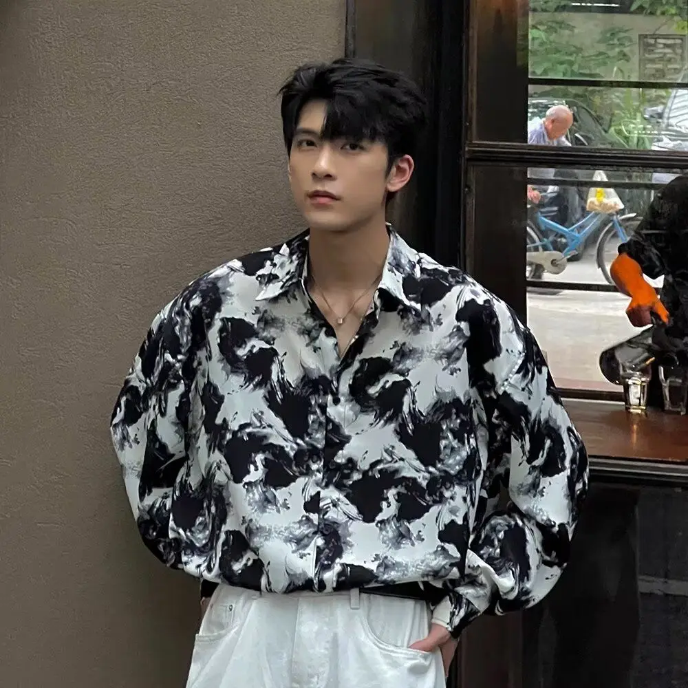 

Мужская летняя свободная футболка из ледяного шелка с принтом «Водная живопись» и цветочным узором, повседневный модный топ для молодежи, приталенный крой