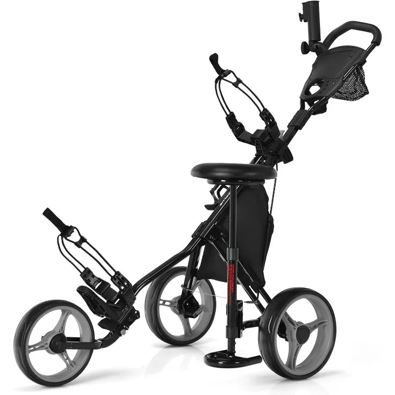 Tangkula Golf Push Pull Cart with Seat, Lightweight Foldable Collapsible 3 Wheels Golf Push Cart, Golf Trolley with Foot Brake