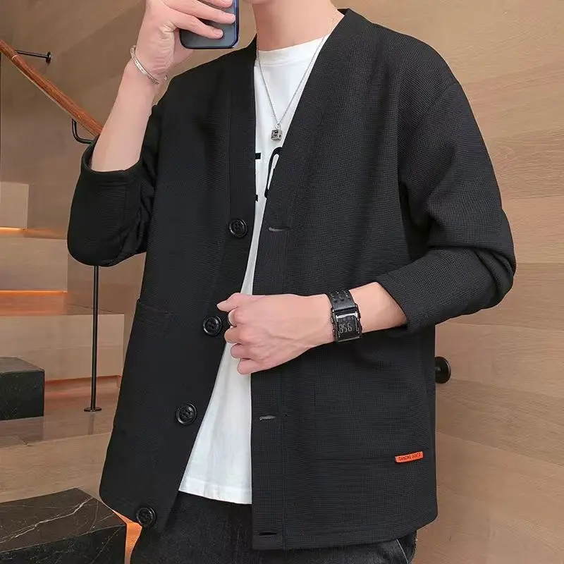 2023 Spring Autumn New Solid Color Fashion V-neck Long Sleeve Knitting Cardigan Man Loose Button Pockets Waffler All-match Coat