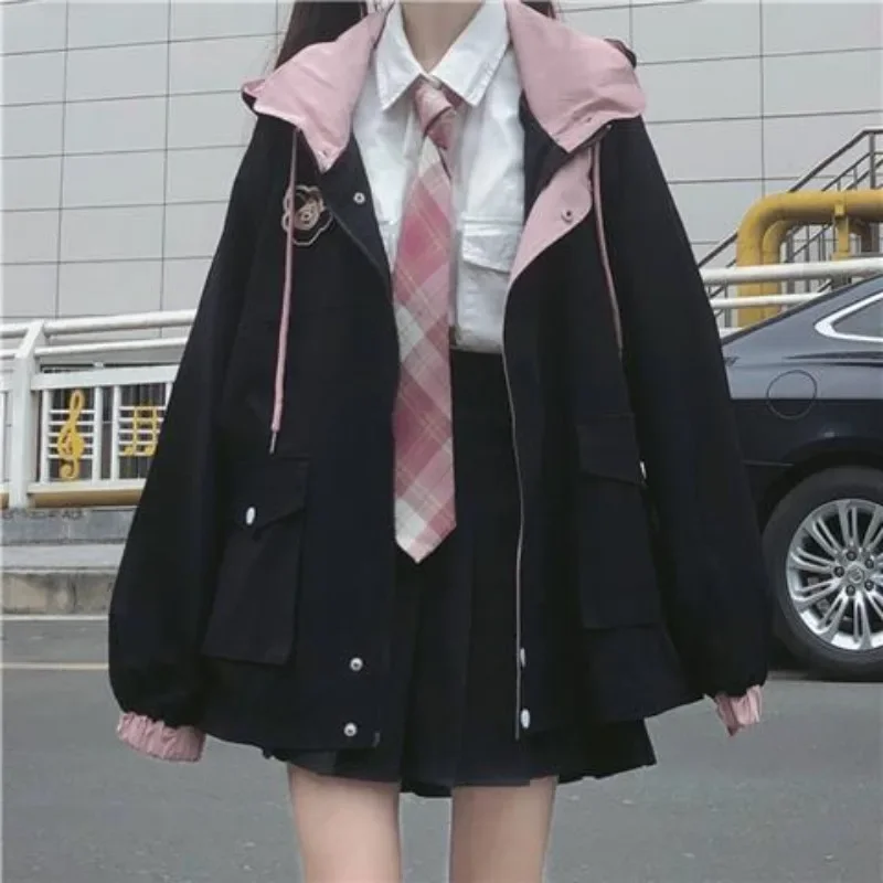 Japanese Preppy Style Oversize Women Jk Loose Sweet Kawaii Outerwear Long Sleeve Harajuku Hooded Coats Y2k Black Cargo Jackets