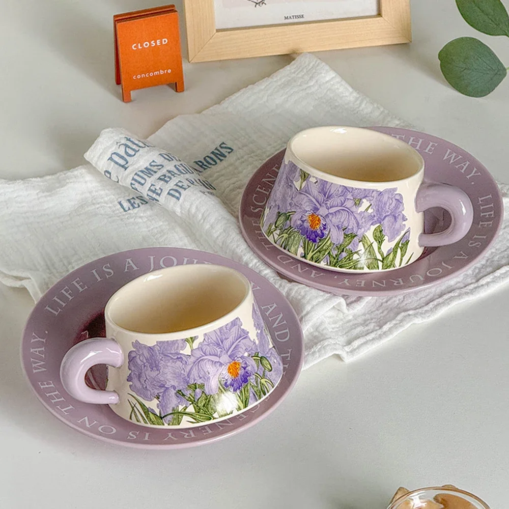 Purple Iris Flower Cup Saucer Set Printed Pattern Coffee Mug French Style Vintage Ceramic Tableware For Home Drinkware