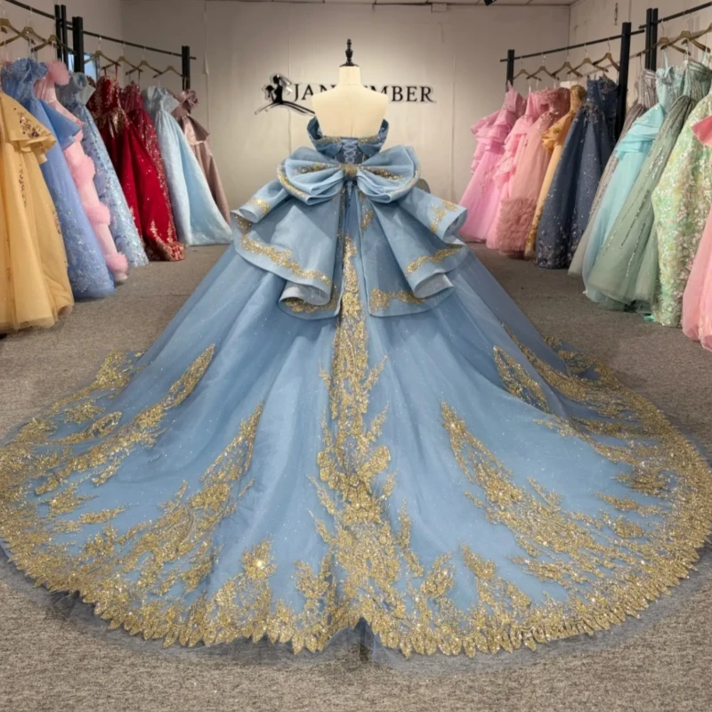 Navy Blue Glitter Quinceanera Dresses Off Shoulder Ball Gown Sweet 16 Dress Gold Applique Beading Bow Tull Corset Party Birthday