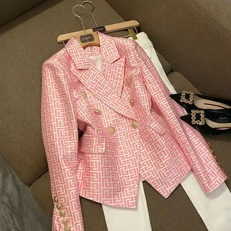 French Fashion Double Breasted Geometric Print Slim Blazer Suit Jacket Women Long Sleeve Y2k Aesthetic Office Lady Formal Coat