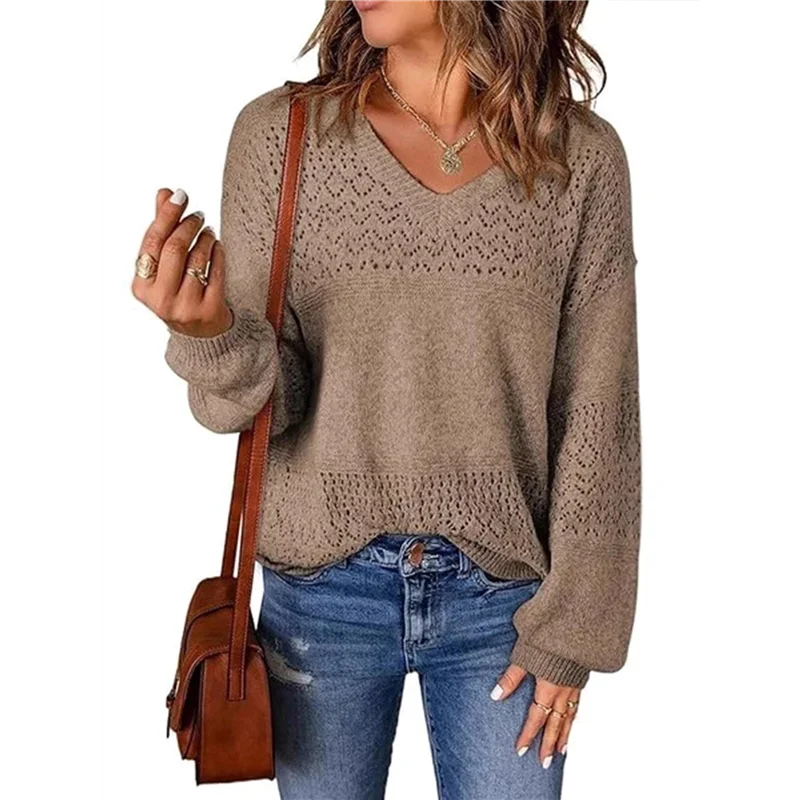 BHBD-Women Knit Sweaters Fall V Neck Long Sleeve Pullover Casual Loose Sweater Coffee XXL