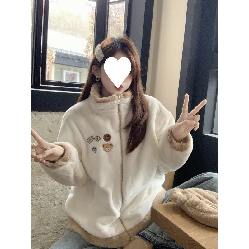 

Новинка 2023 года, женское пальто из искусственного кроличьего меха, зимняя утолщенная куртка с воротником-стойкой и длинными рукавами, свободная студенческая верхняя одежда на осень/зиму