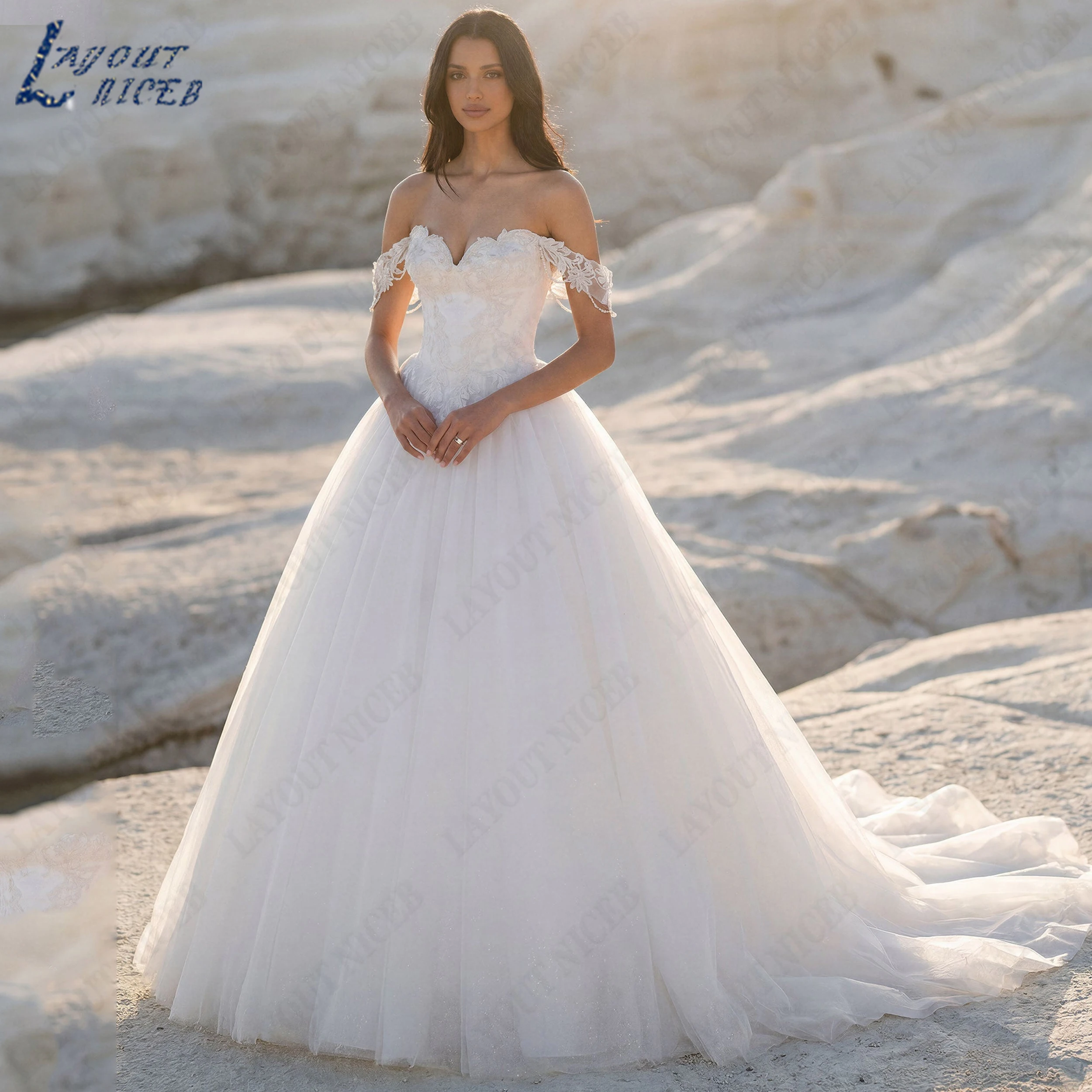 LAYOUT NICEB Customized A-Line Glitter Tulle Bridal Dress Off The Shoulder Bride Gown Lace Applique Boat Neck Bridal Dresses