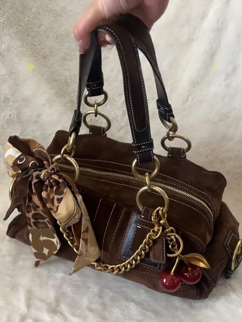 Suede Crossbody Shoulder Bag Women Vintage Boston Bowling Tote Bag Retro Pleated Versatile Commuter Zipper Square Handbag