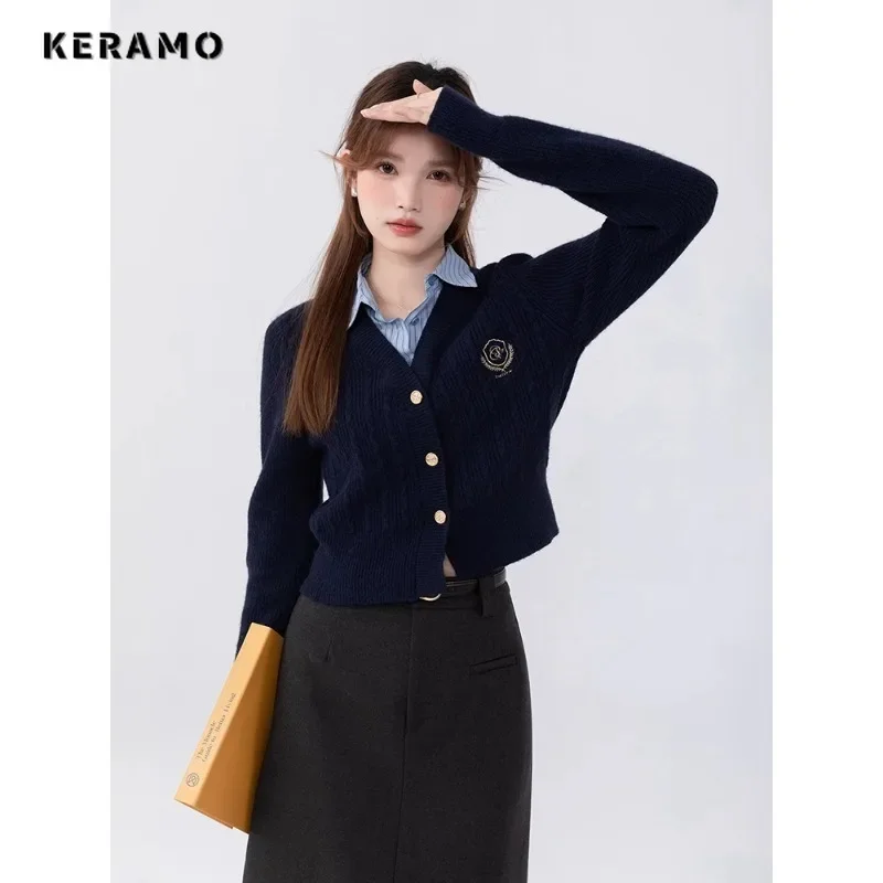 2024 Spring Autumn Preppy Style Badge Embroidery Knitted Cardigan Women Single Breasted Fake Two Pieces Long Sleeve Sweater Coat