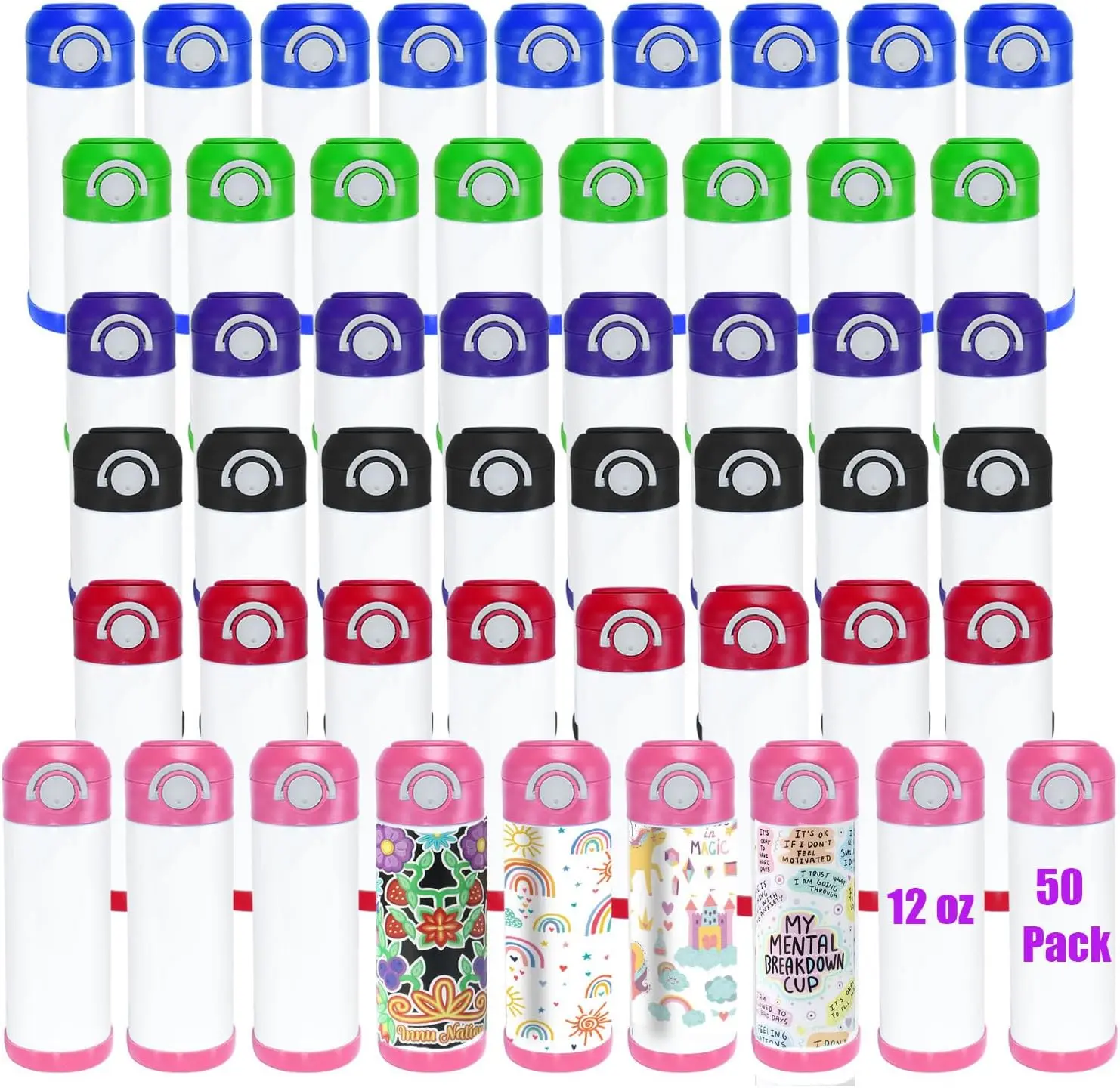 

50Pack 12oz Sublimation Tumblers Bulk, Kids Sublimation Tumbler Cups With Handle, Stainless Steel Sippy Cup for Water, Drinks, D