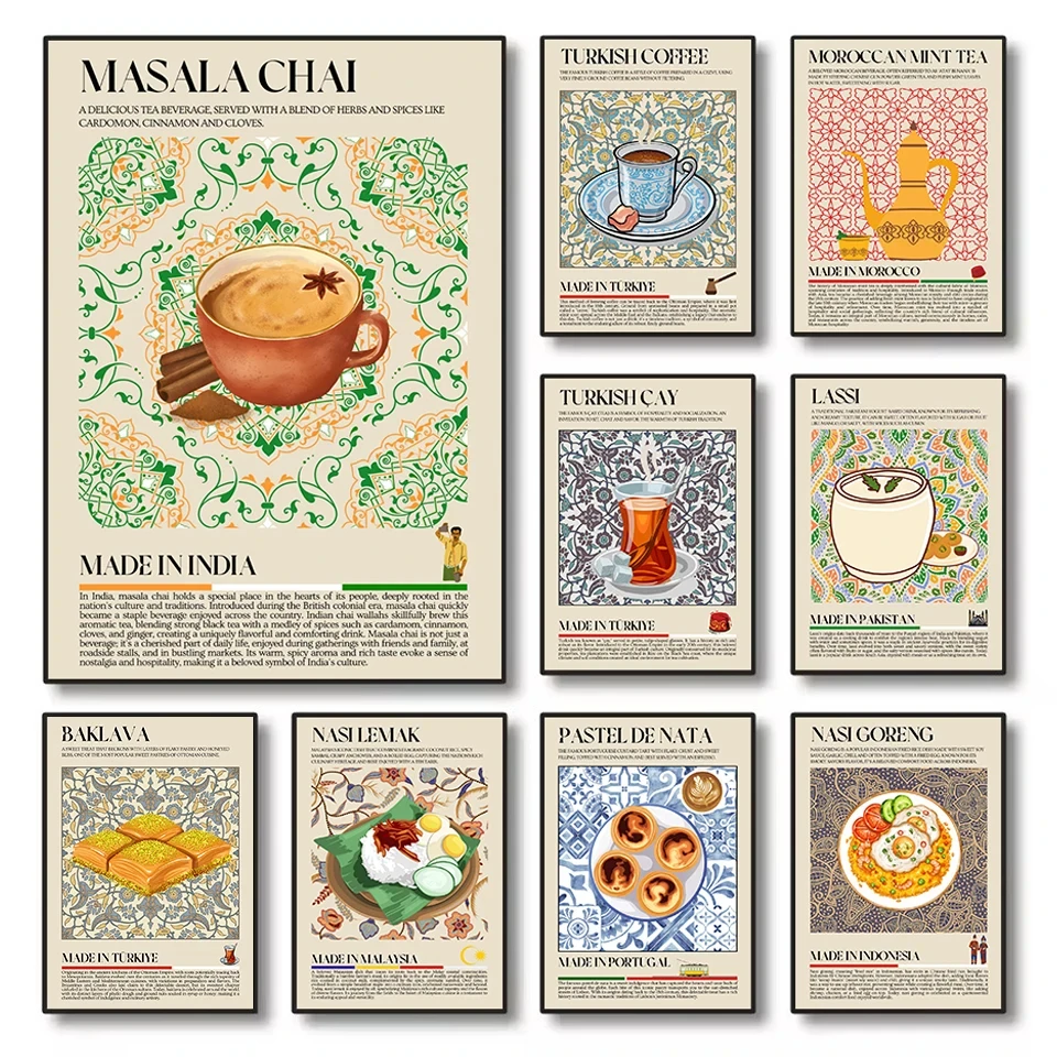 Retro Weltküche Traditionelle Indische Dosa ​ Ästhetisches Poster mit marokkanischem Minztee, Leinwandgemälde, Wandbilder, Heimdekoration