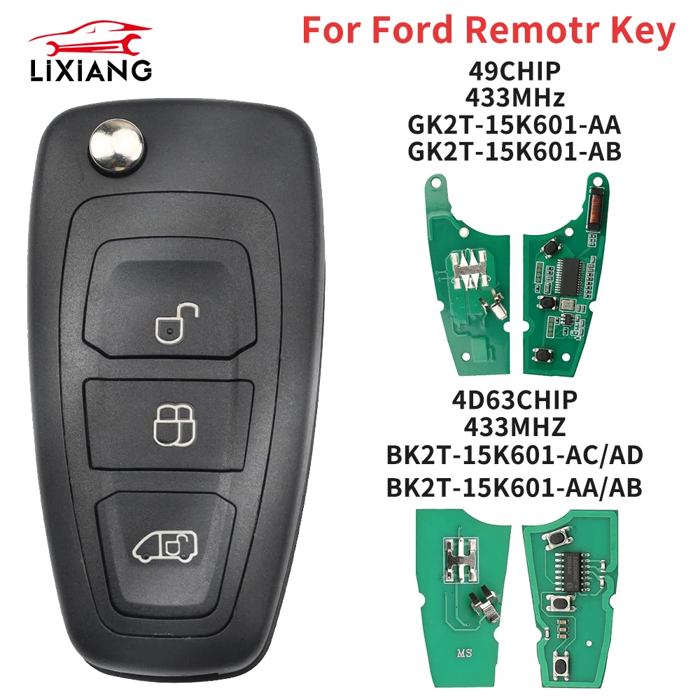 LIXIANG Flip Remote Control Car Key Fob 3BT ID49 /4D63 CHIP 433MHz FCCID GK2T-15K601-AB/AA For Ford Transit Custom Tourneo 2015+
