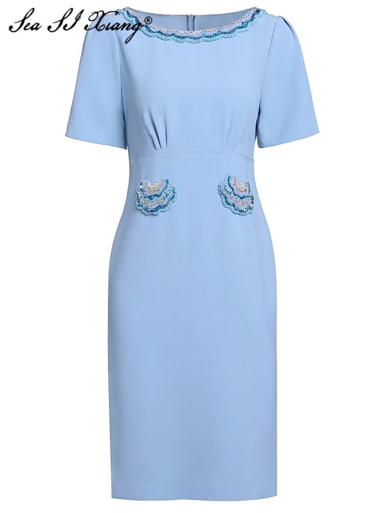 

Seasixiang Fashion Designer Summer Pencil Dress Women's O-Neck Short Sleeve luxurious Sequins Beading Elegant Party Dresses