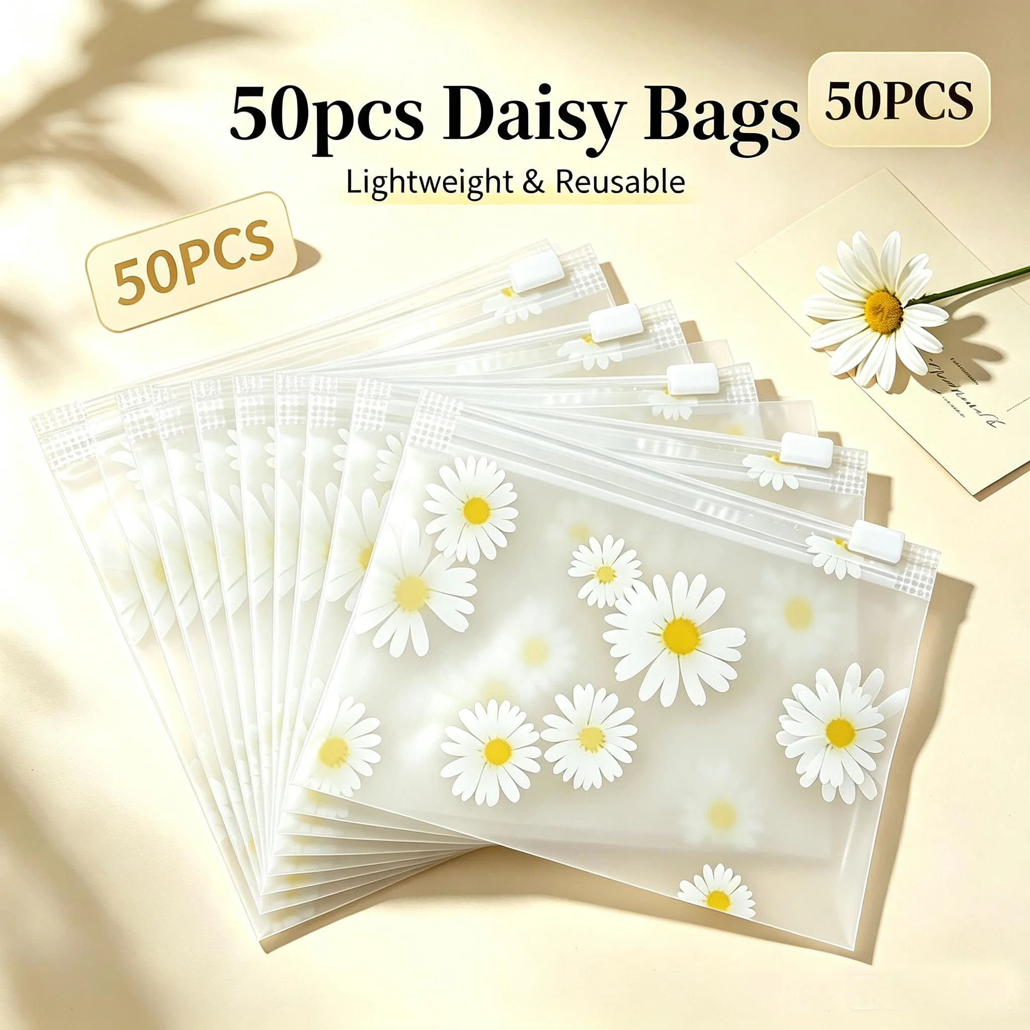 20/50 Pieces of Daisies-Patterned Matte Plastic Zipper Bags Are Perfect for Storing Small Items and Are Ideal for Travel Organiz