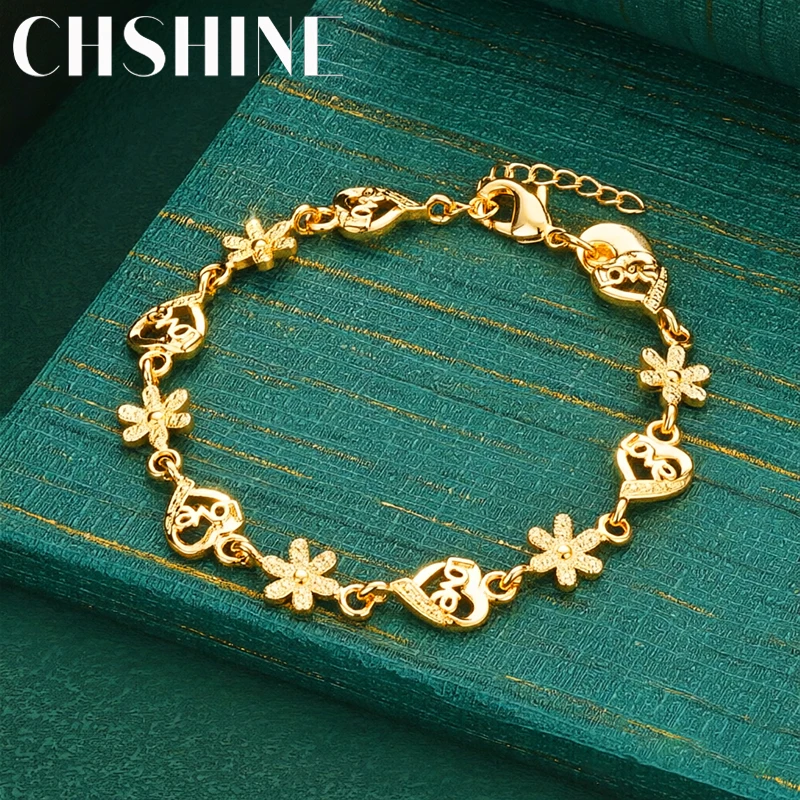 925 Sterling Silver 18K Gold  Love Engraved Heart Flower Link Bracelet for Women Sweet Romantic Jewelry Gift