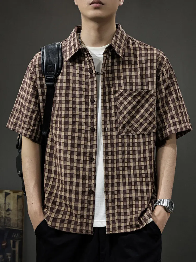 

American Retro Plaid Short Sleeve Men's Loose Casual Cool Feeling Shirt Summer New Style Tagkita Breathable Casual Shirt