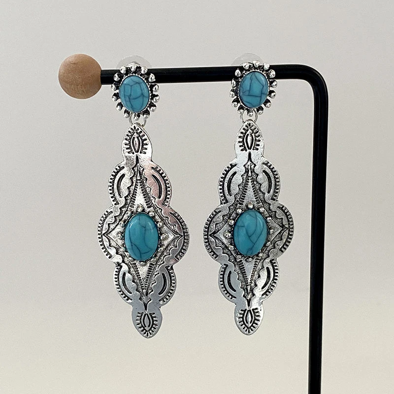 A personalized retro ethnic style alloy turquoise long earrings/temperament fashion role play/every-match women’s earrings for d