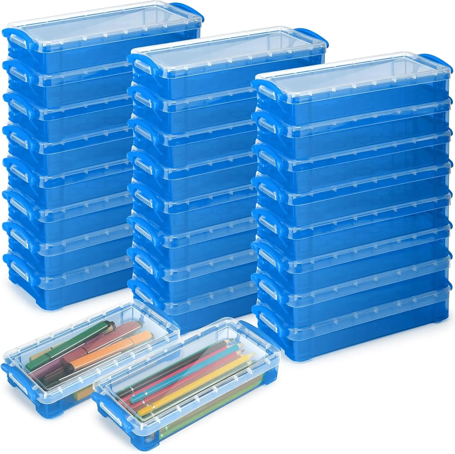 

24 Pcs Large Capacity Clear Plastic Pencil Case with Snap Lid, Crayon Box for Watercolor Pens and Drawing Tools in Cute Blue