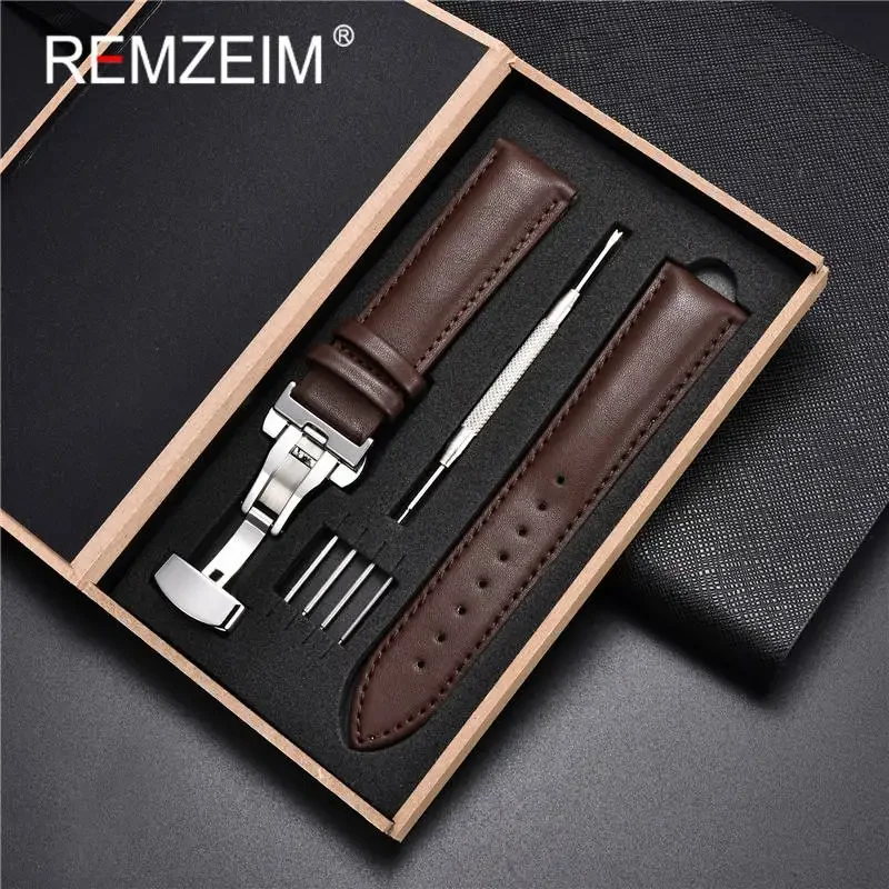 18mm 20mm 22mm 24mm Business Calfskin Leather Watch Bands Women Men Genuine Leather Stainless Steel Butterfly Buckle Watch Strap