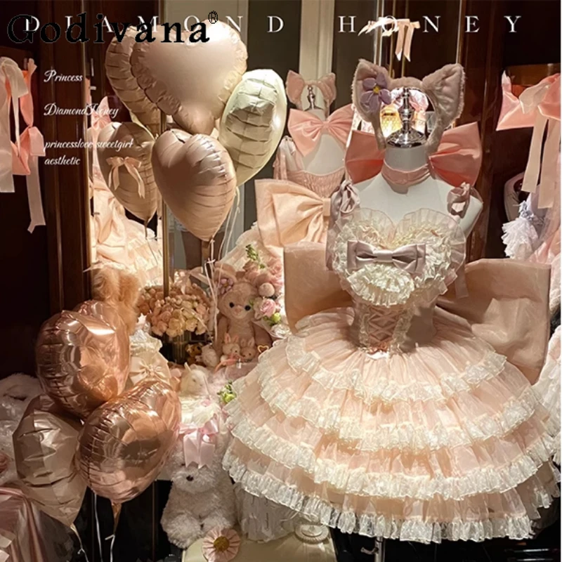 

Lady Pink Lolita Dress Cute Sweet Girls Elegant Princess Birthday Party Dress Women's Bow Lace Suspender Dress Christmas New