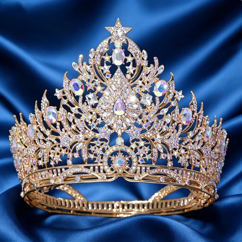 Star Crystal Pageant Crown Gold Plated Full Round Tiara for Bridal Wedding Prom Queen Party Headpiece