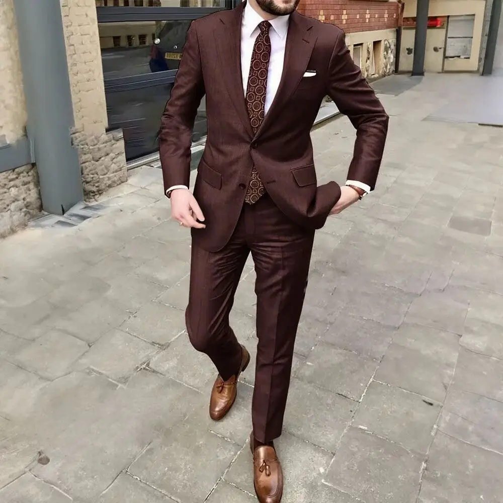 Casual Solid 2 Piece Men Suits Slim Fit Notch Lapel Two Buttons Jacket Pants Set Wedding Groom Tuxedos Business Suits Set