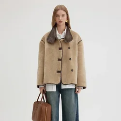 Winter Ladies Faux Lamb Wool Suede Stand-up Collar Jacket Warm Loose Color Collision Leather Splicing Warm Top Women Coats