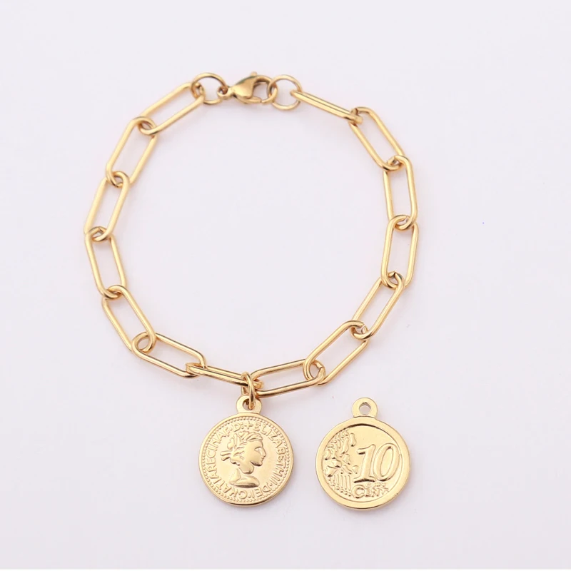 Women's Stainless Steel Coin Cent Bracelets For Women Men Gold/Silver Color Metal Elizabeth Medal Bracelets