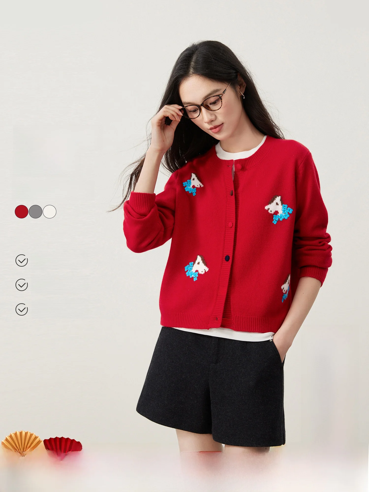 

Женский вязаный кардиган MIJOR из 100% шерсти, весна 2026, новинка, с вышивкой, контрастными пуговицами, длинными рукавами, короткое пальто